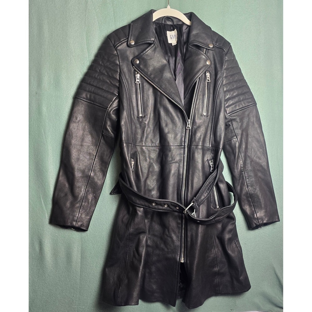 Gap Womens Black Genuine Lamb Leather Moto Trench Jacket Long‎ Belted Coat Small
